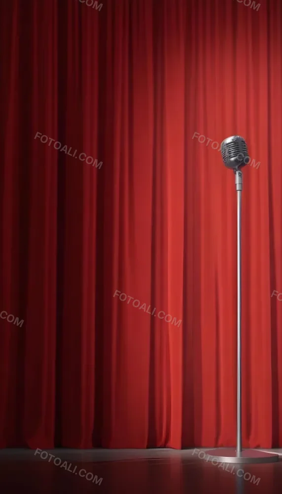 A Microphone On A Stage With Red Curtains In The Background 34 879d