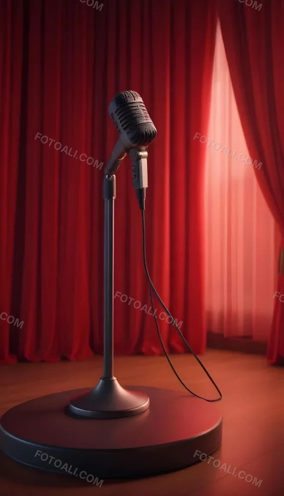A Microphone On A Stage With Red Curtains In The Background 36 9e14
