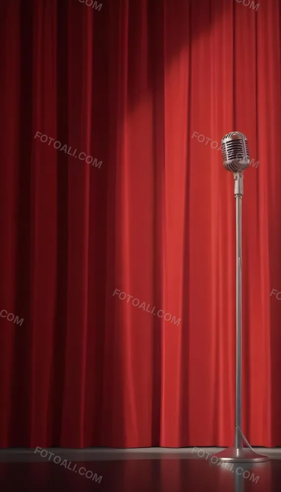 A Microphone On A Stage With Red Curtains In The Background 37 A55c