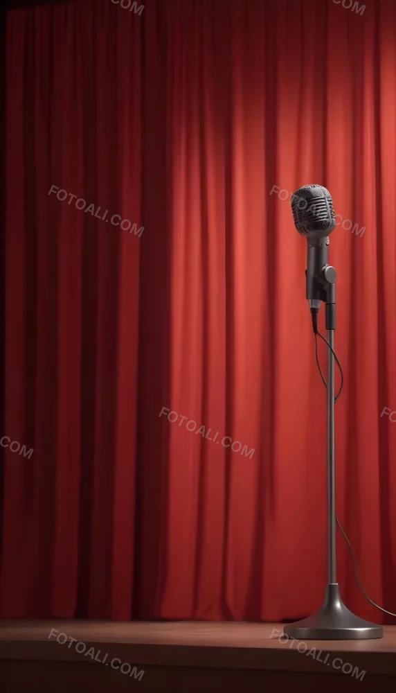 A Microphone On A Stage With Red Curtains In The Background 40 076e