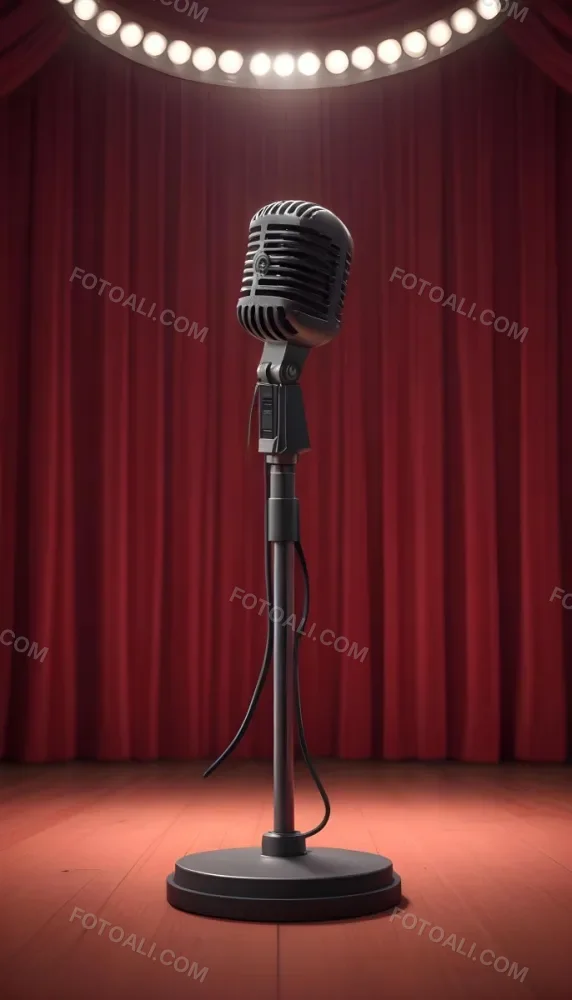 A Microphone On A Stage With Red Curtains In The Background 6 Db30