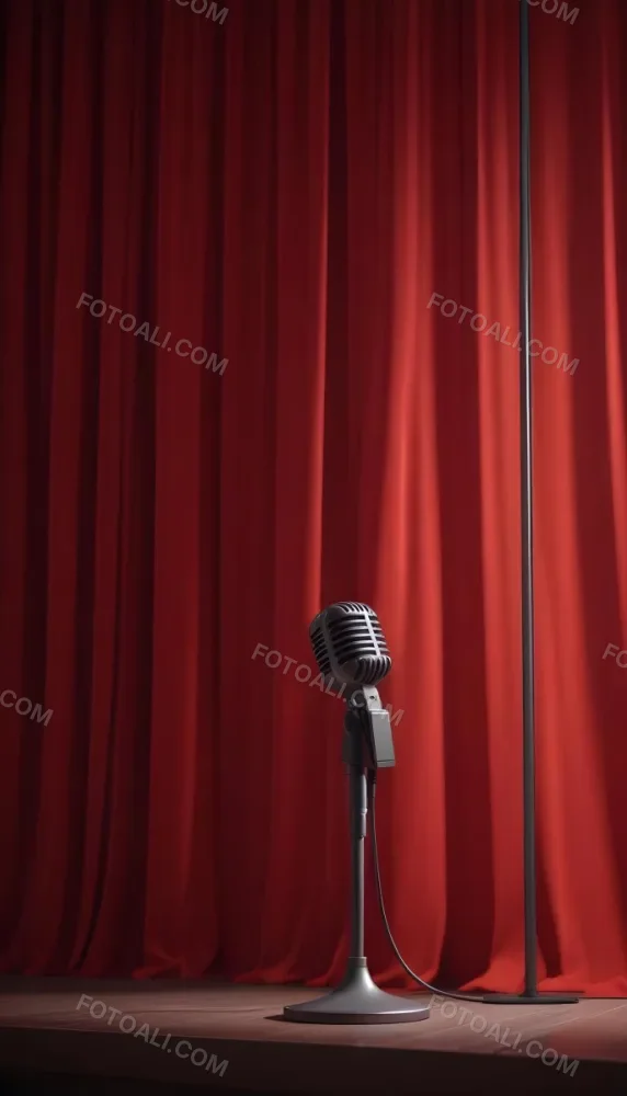 A Microphone On A Stage With Red Curtains In The Background 8 547c