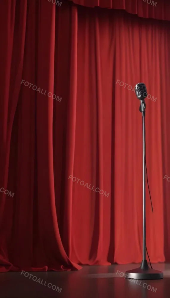 A Microphone On A Stage With Red Curtains In The Background 9 40f9