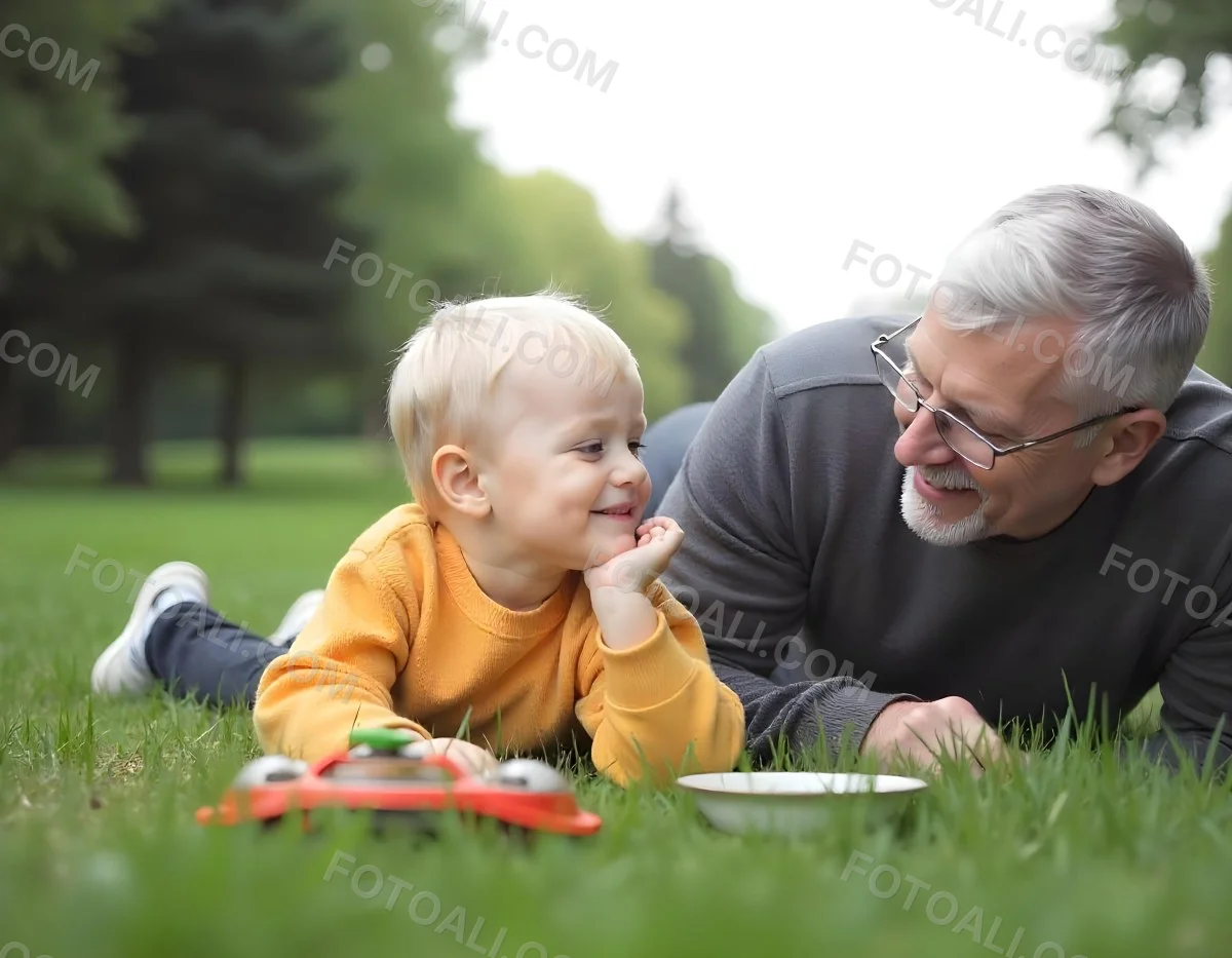 A Middle Aged Caucasian Man With Short Gray Hair Playing With A Young Caucasian Toddler Boy In A Grassy Outdoor Setting With Trees In The Background 1 D829