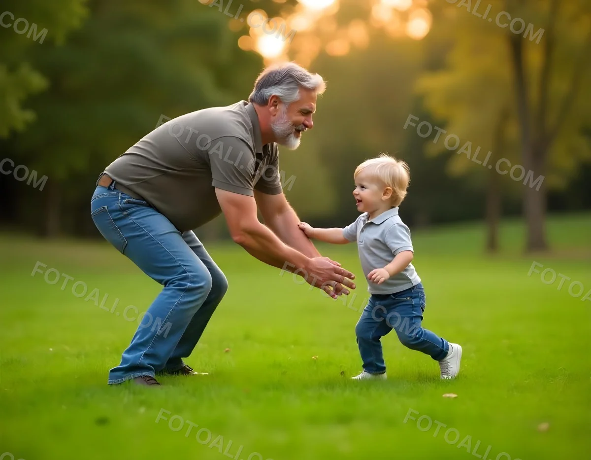 A Middle Aged Caucasian Man With Short Gray Hair Playing With A Young Caucasian Toddler Boy In A Grassy Outdoor Setting With Trees In The Background 10 00fa