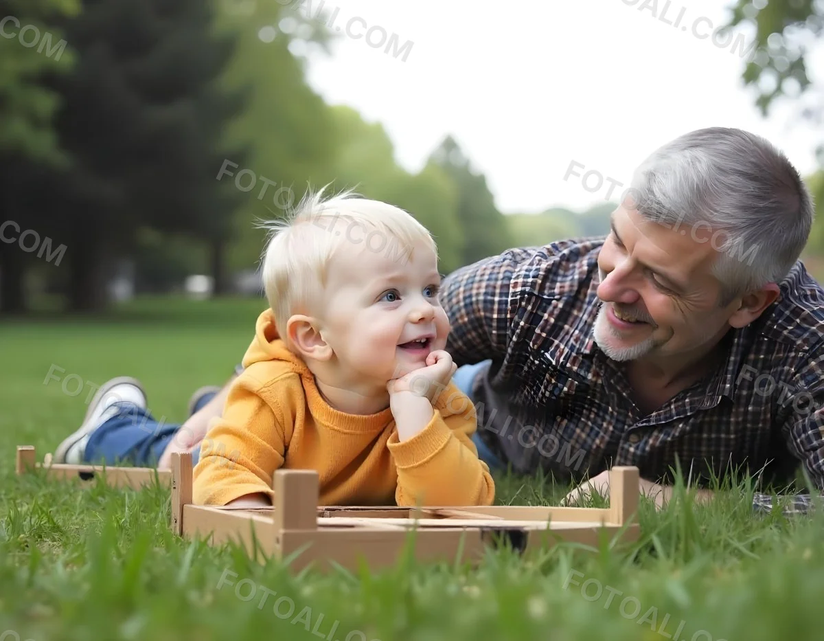 A Middle Aged Caucasian Man With Short Gray Hair Playing With A Young Caucasian Toddler Boy In A Grassy Outdoor Setting With Trees In The Background 11 C710