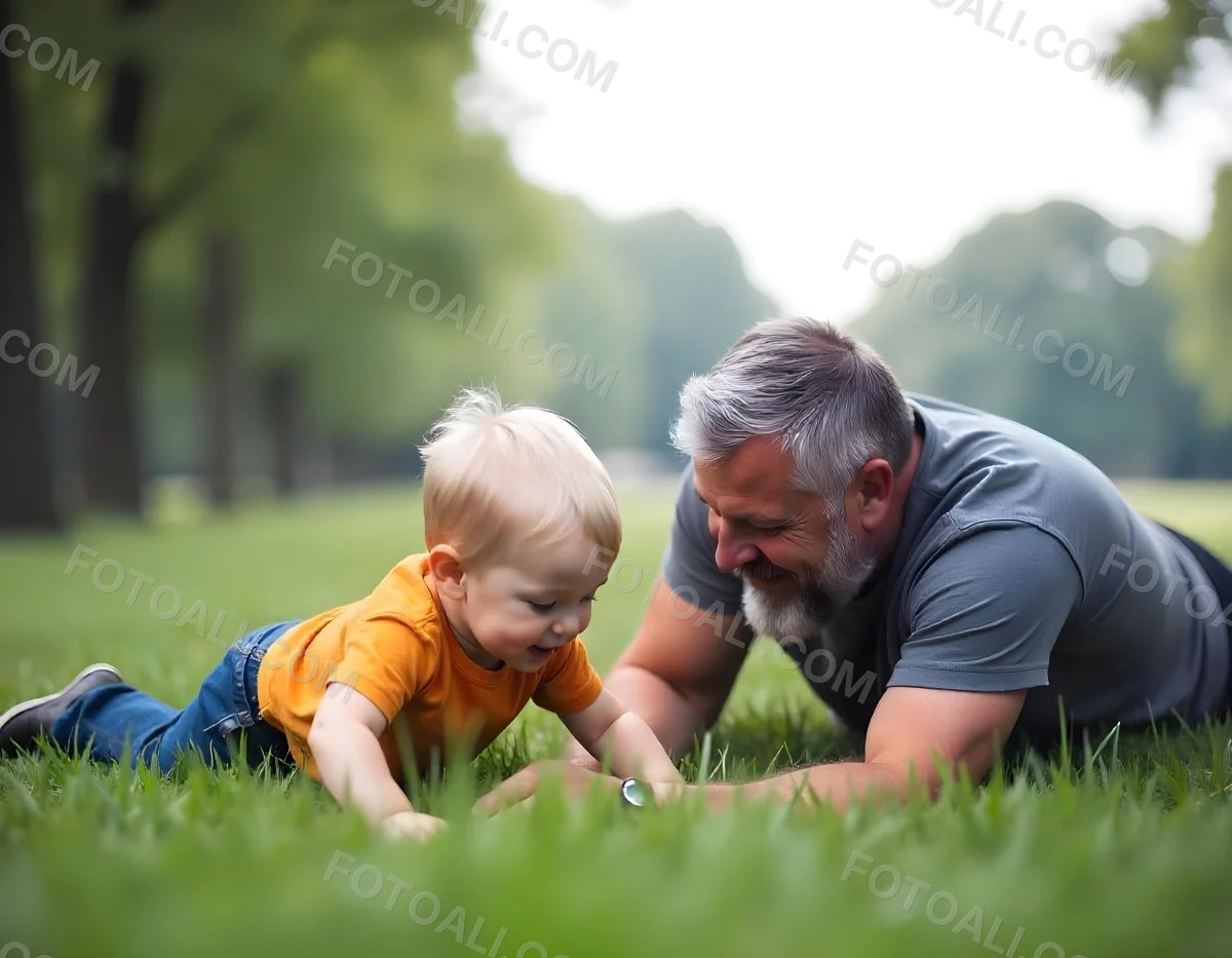 A Middle Aged Caucasian Man With Short Gray Hair Playing With A Young Caucasian Toddler Boy In A Grassy Outdoor Setting With Trees In The Background 5 63e1