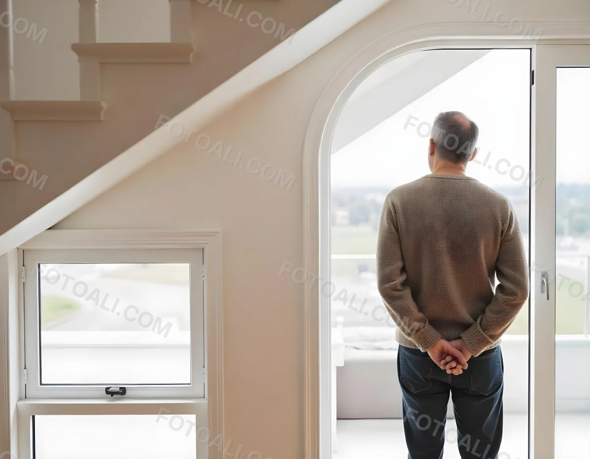 A Middle Aged Caucasian Man With Short Gray Hair Standing By A Window In A Bedroom Looking Outside At A Cityscape During Daytime 12 D00c