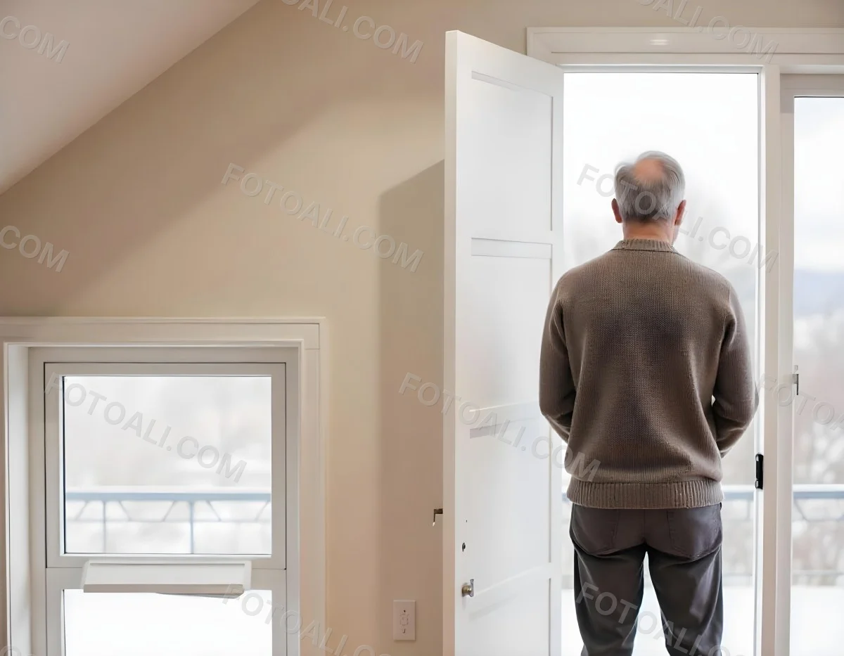 A Middle Aged Caucasian Man With Short Gray Hair Standing By A Window In A Bedroom Looking Outside At A Cityscape During Daytime 13 F864