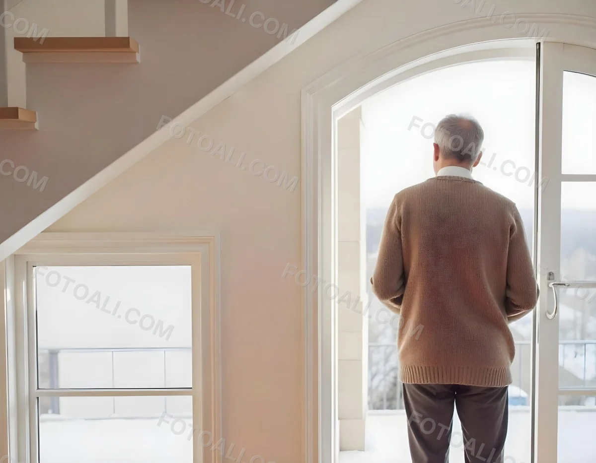 A Middle Aged Caucasian Man With Short Gray Hair Standing By A Window In A Bedroom Looking Outside At A Cityscape During Daytime 14 D04e