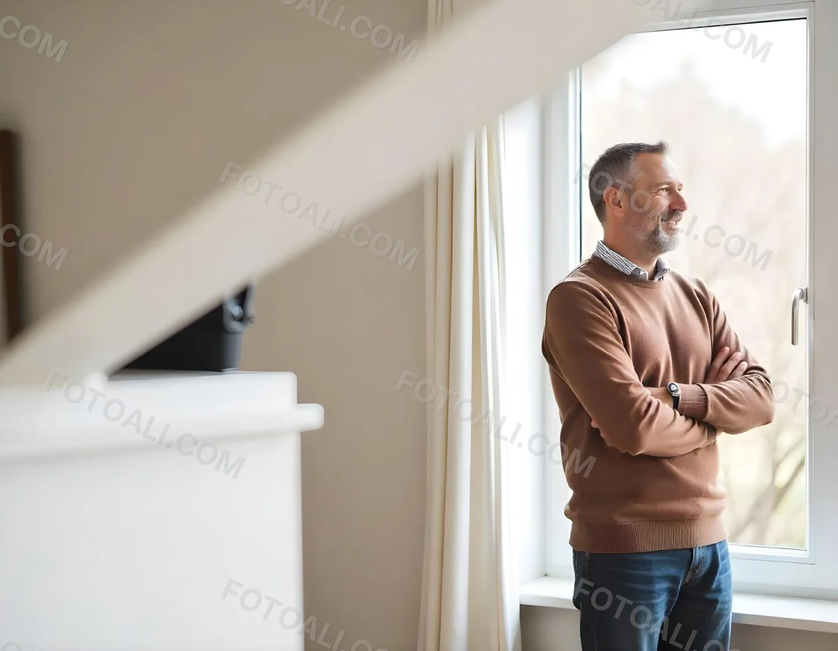 A Middle Aged Caucasian Man With Short Gray Hair Standing By A Window In A Bedroom Looking Outside At A Cityscape During Daytime 15 3f0e