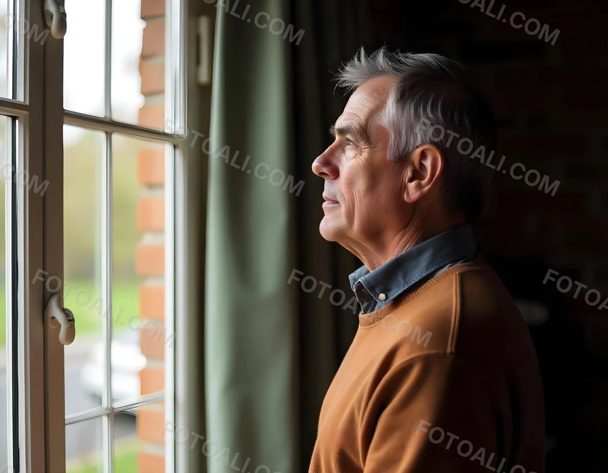 A Middle Aged Caucasian Man With Short Gray Hair Standing By A Window In A Bedroom Looking Outside At A Cityscape During Daytime 2 032e