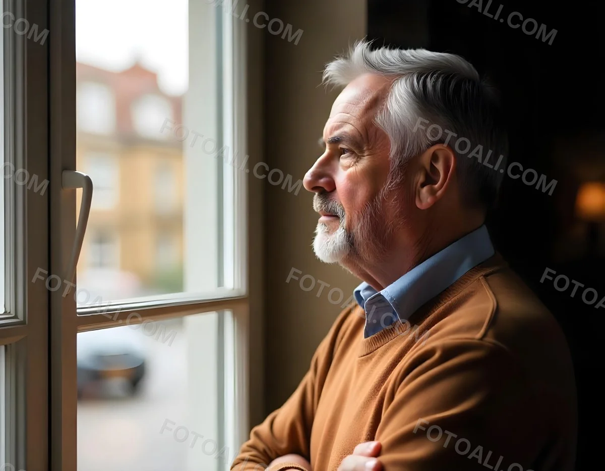 A Middle Aged Caucasian Man With Short Gray Hair Standing By A Window In A Bedroom Looking Outside At A Cityscape During Daytime 3 D7ea
