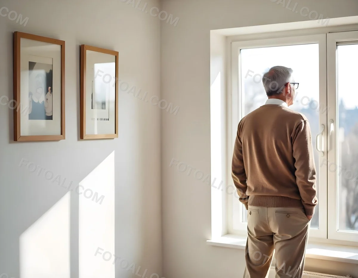 A Middle Aged Caucasian Man With Short Gray Hair Standing By A Window In A Bedroom Looking Outside At A Cityscape During Daytime 4 0c20