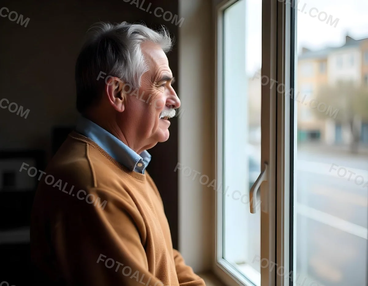 A Middle Aged Caucasian Man With Short Gray Hair Standing By A Window In A Bedroom Looking Outside At A Cityscape During Daytime 5 1f21