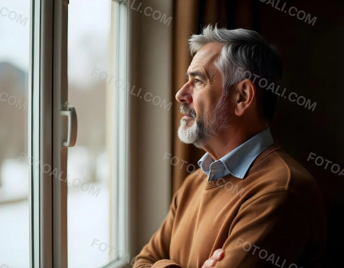 A Middle Aged Caucasian Man With Short Gray Hair Standing By A Window In A Bedroom Looking Outside At A Cityscape During Daytime 6 Ea94