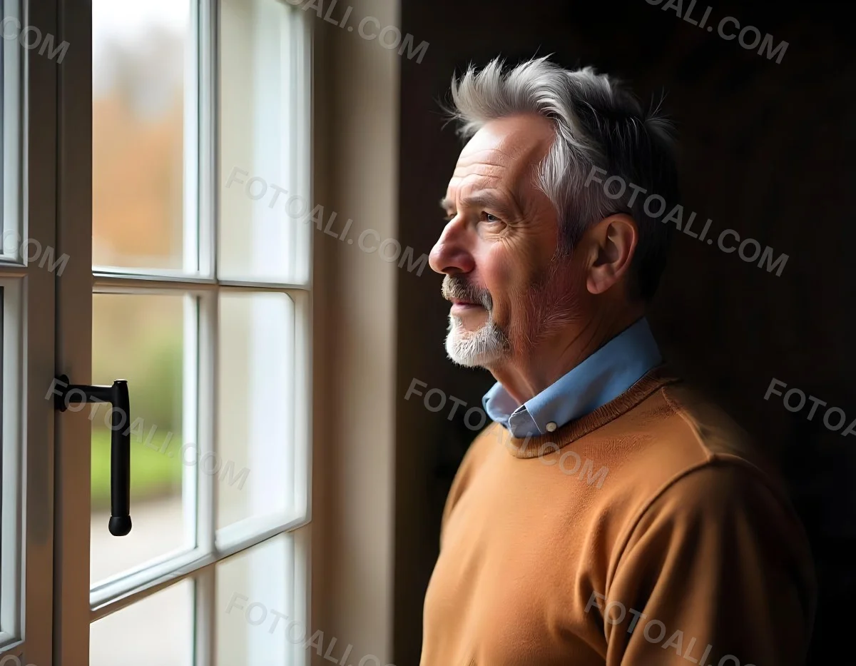 A Middle Aged Caucasian Man With Short Gray Hair Standing By A Window In A Bedroom Looking Outside At A Cityscape During Daytime 7 3a05