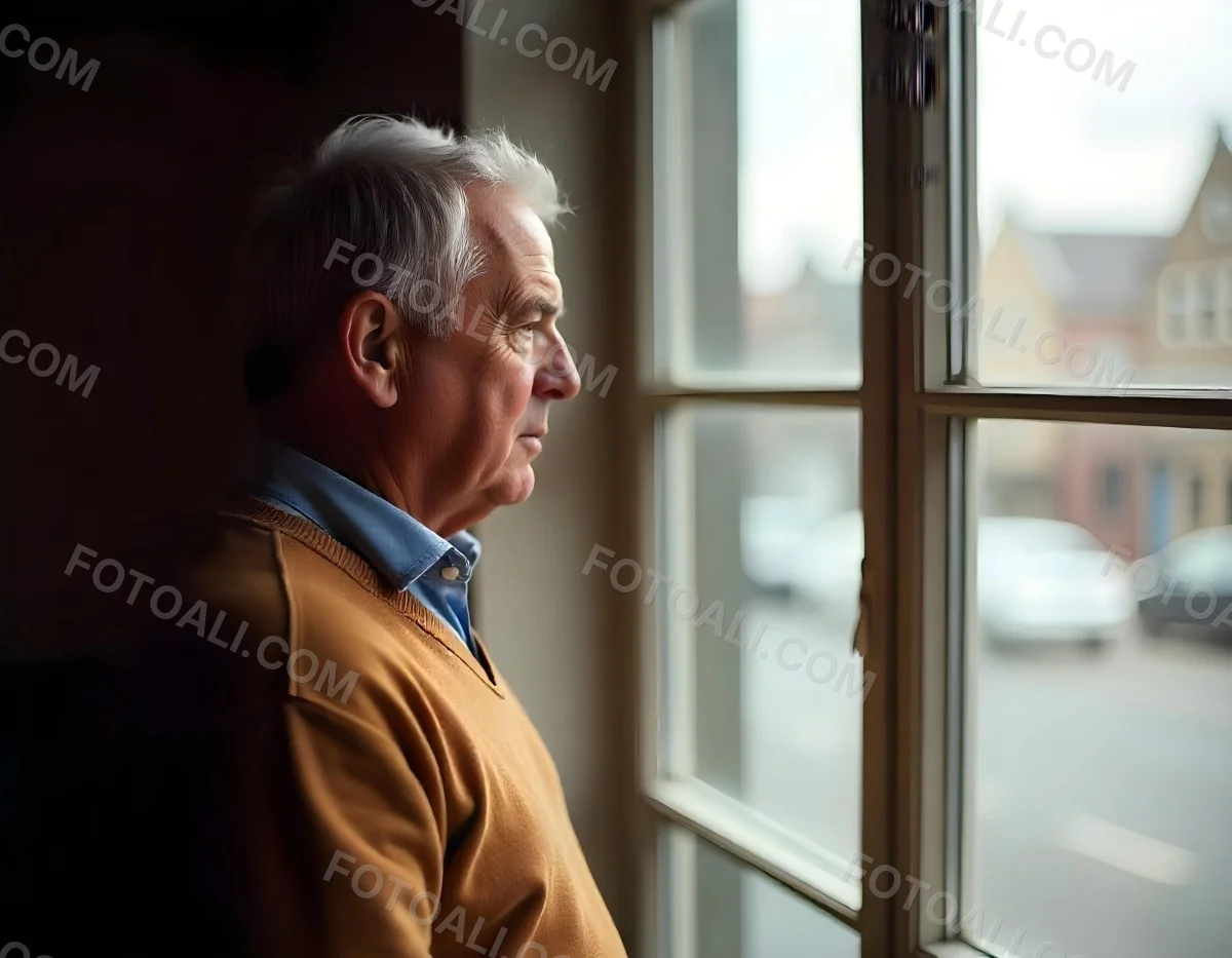 A Middle Aged Caucasian Man With Short Gray Hair Standing By A Window In A Bedroom Looking Outside At A Cityscape During Daytime 8 007b
