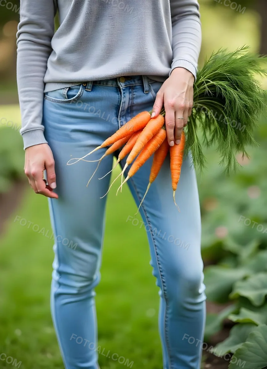 A Middle Aged Caucasian Woman With Long Blonde Hair Wearing A Denim Shirt Holding A Bunch Of Fresh Carrots In A Garden Setting 1 Ca5a