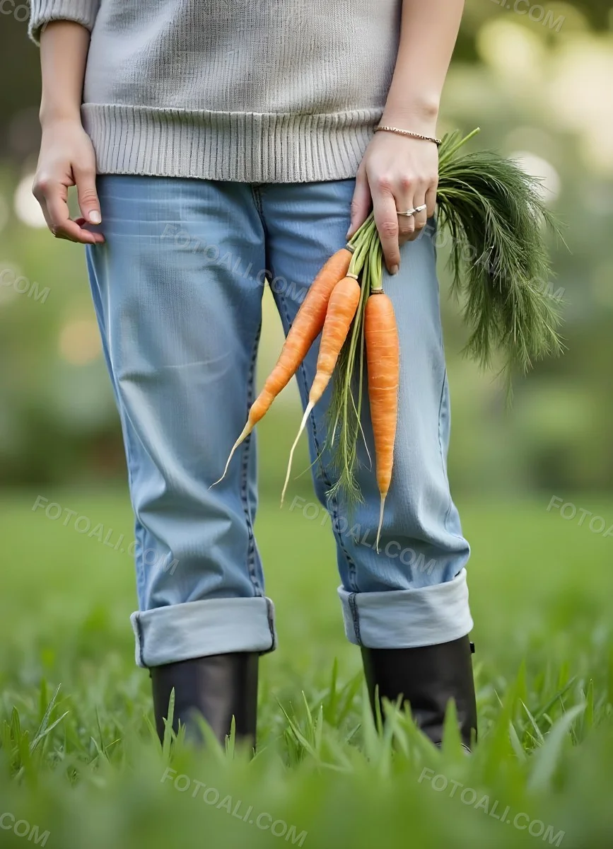 A Middle Aged Caucasian Woman With Long Blonde Hair Wearing A Denim Shirt Holding A Bunch Of Fresh Carrots In A Garden Setting 2 B6ad