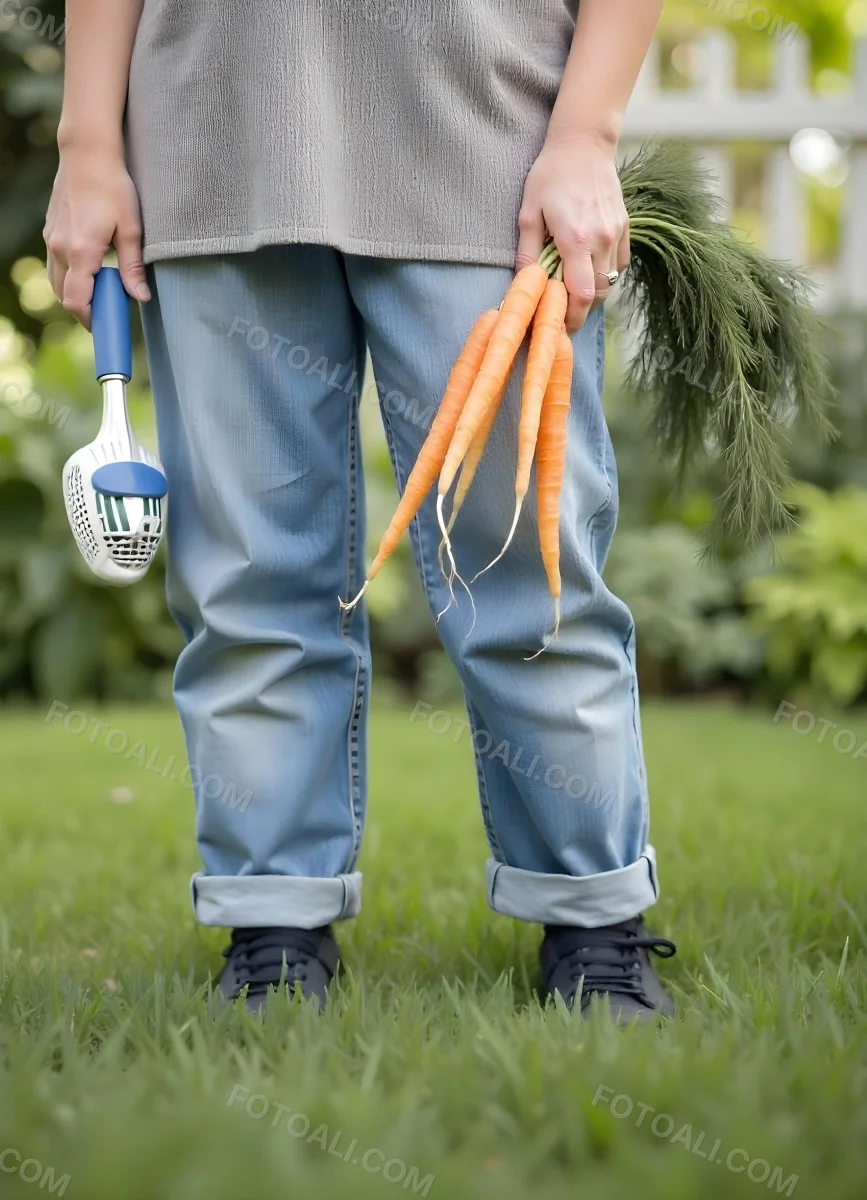 A Middle Aged Caucasian Woman With Long Blonde Hair Wearing A Denim Shirt Holding A Bunch Of Fresh Carrots In A Garden Setting 5 F746