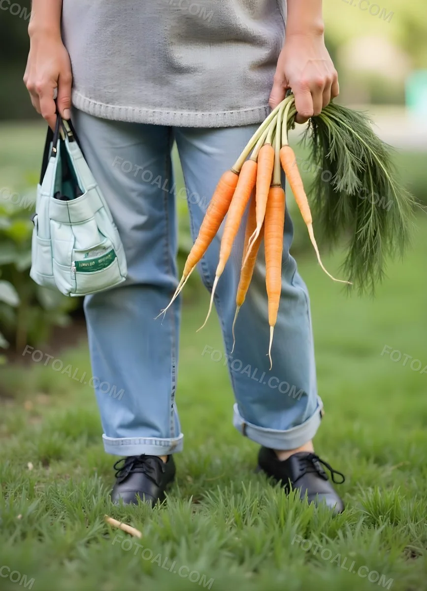A Middle Aged Caucasian Woman With Long Blonde Hair Wearing A Denim Shirt Holding A Bunch Of Fresh Carrots In A Garden Setting 6 Fb26