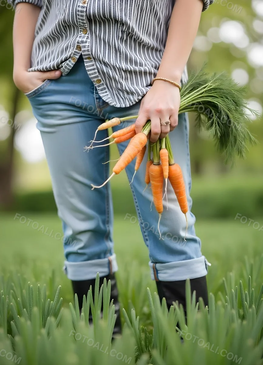 A Middle Aged Caucasian Woman With Long Blonde Hair Wearing A Denim Shirt Holding A Bunch Of Fresh Carrots In A Garden Setting 7 42e5