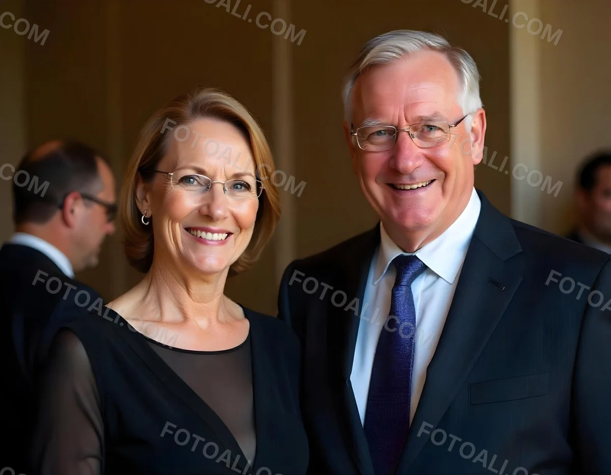 A Middle Aged Caucasian Woman With Short Blonde Hair And A Middle Aged Caucasian Man With Gray Hair And Glasses Both Smiling And Dressed Formally 2 8e34
