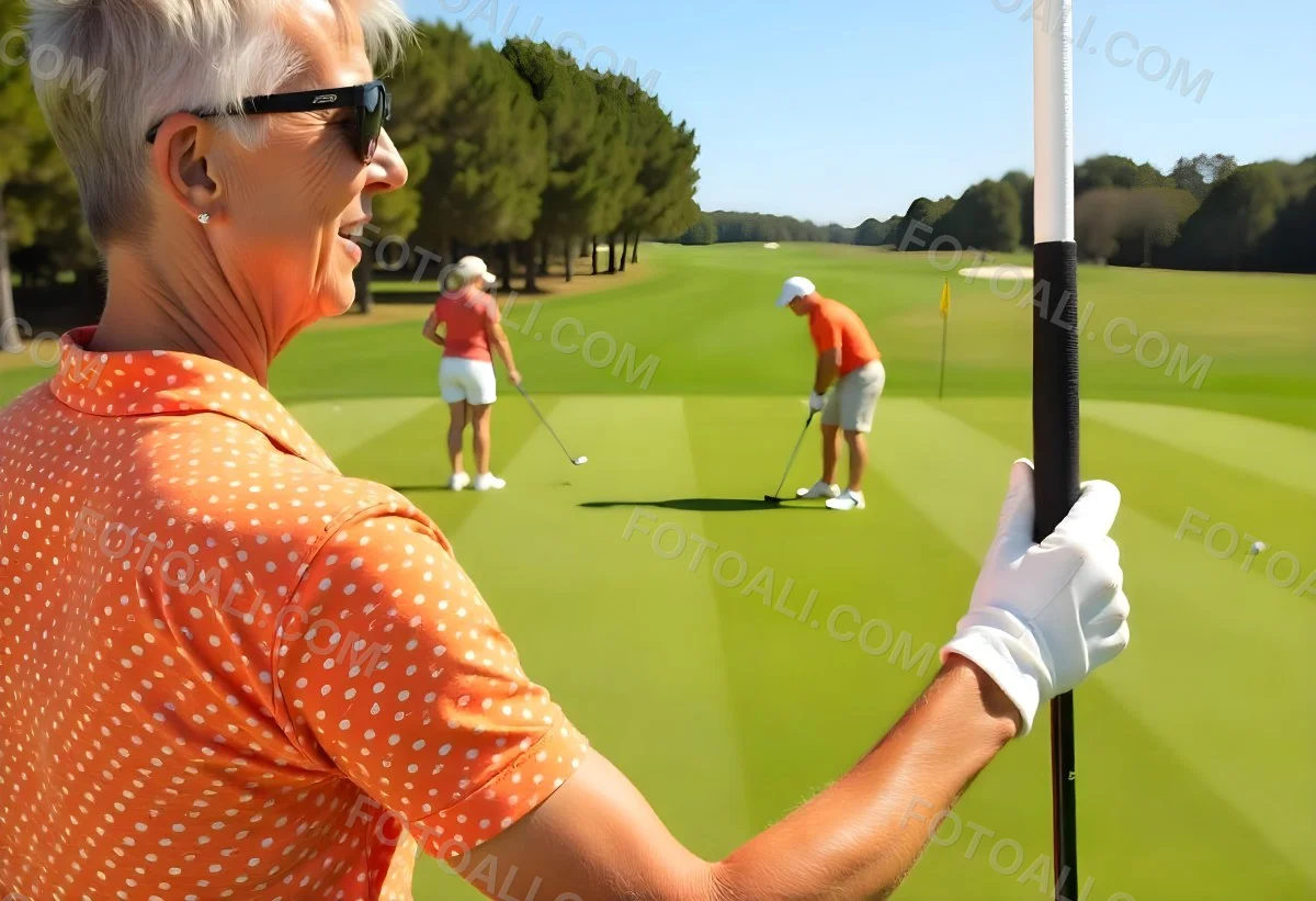 A Middle Aged Caucasian Woman With Short Blonde Hair Wearing An Orange Polo Shirt And Holding A Golf Club On A Golf Course 1 2b79