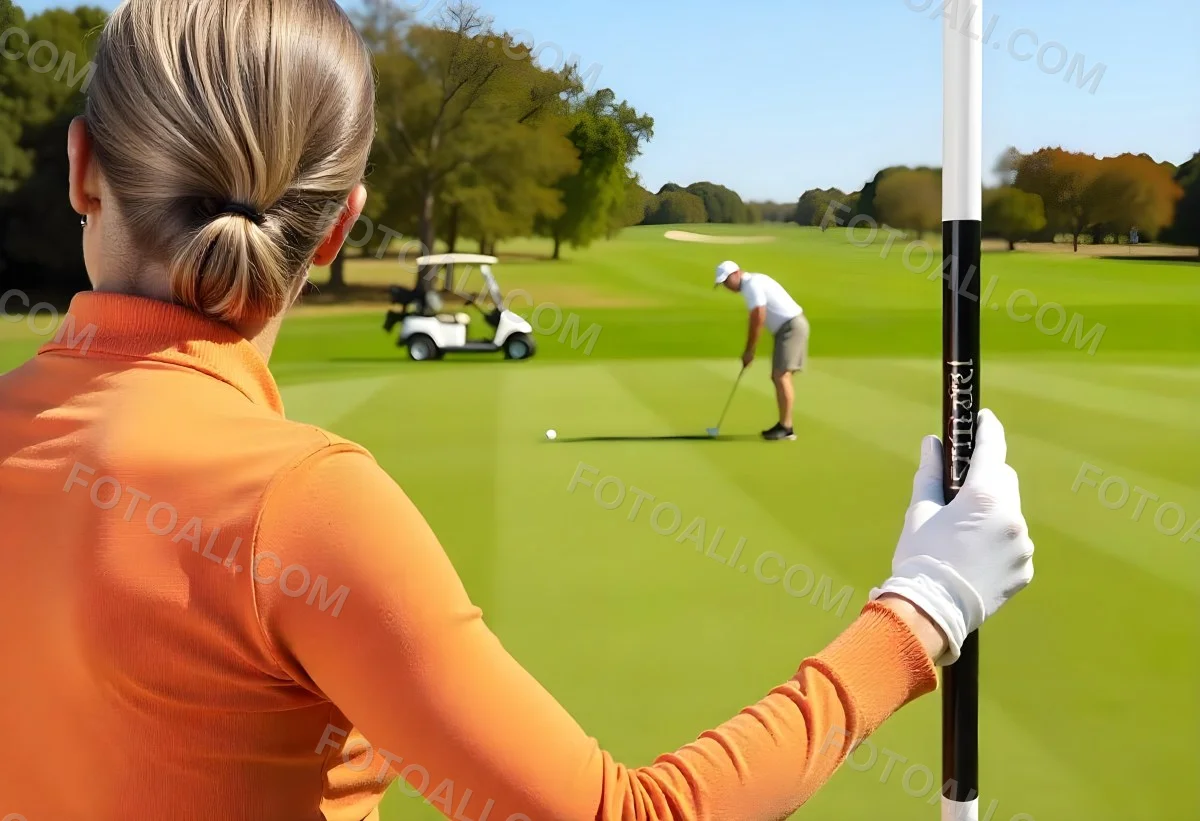 A Middle Aged Caucasian Woman With Short Blonde Hair Wearing An Orange Polo Shirt And Holding A Golf Club On A Golf Course 10 A771