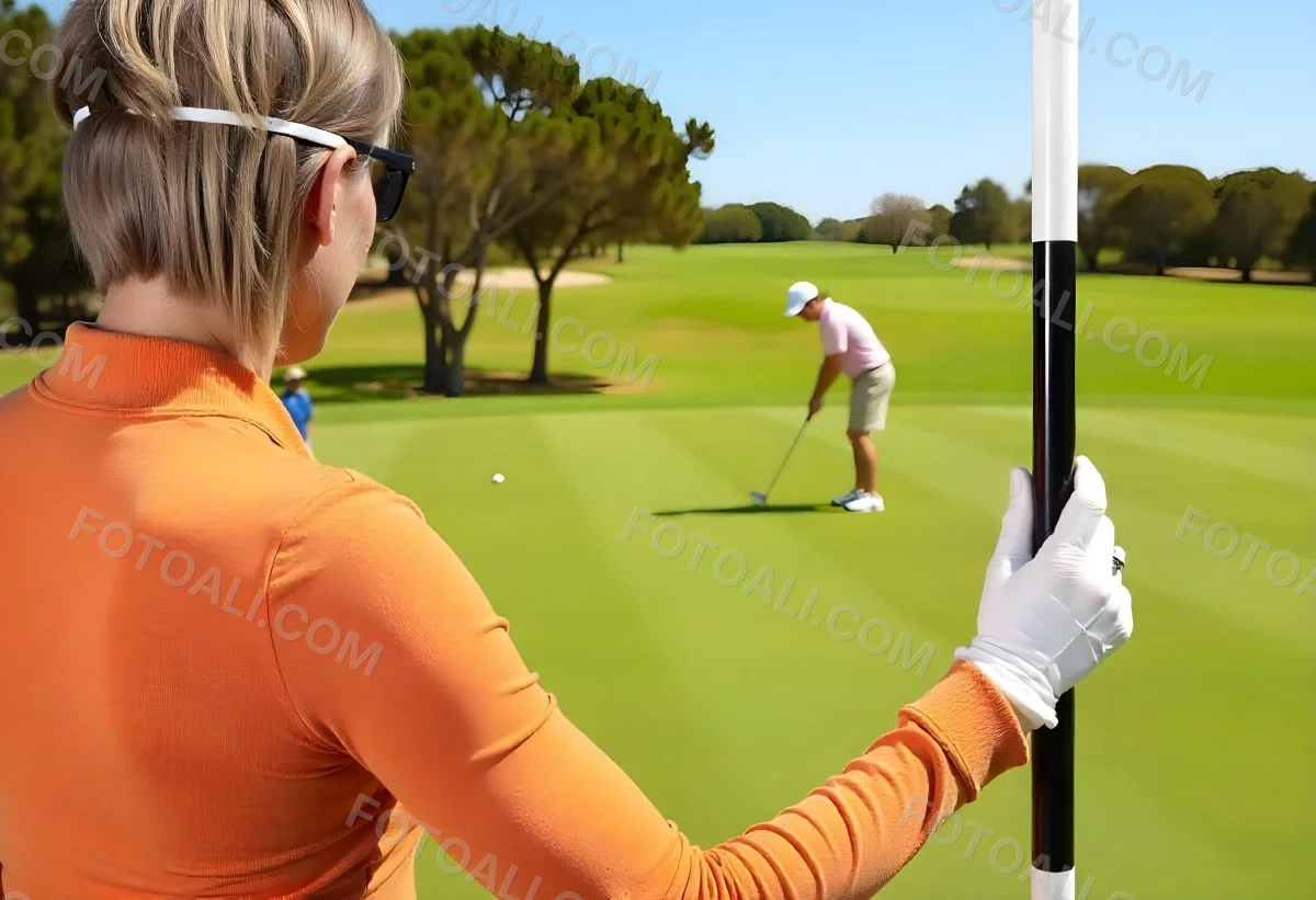 A Middle Aged Caucasian Woman With Short Blonde Hair Wearing An Orange Polo Shirt And Holding A Golf Club On A Golf Course 12 5f00