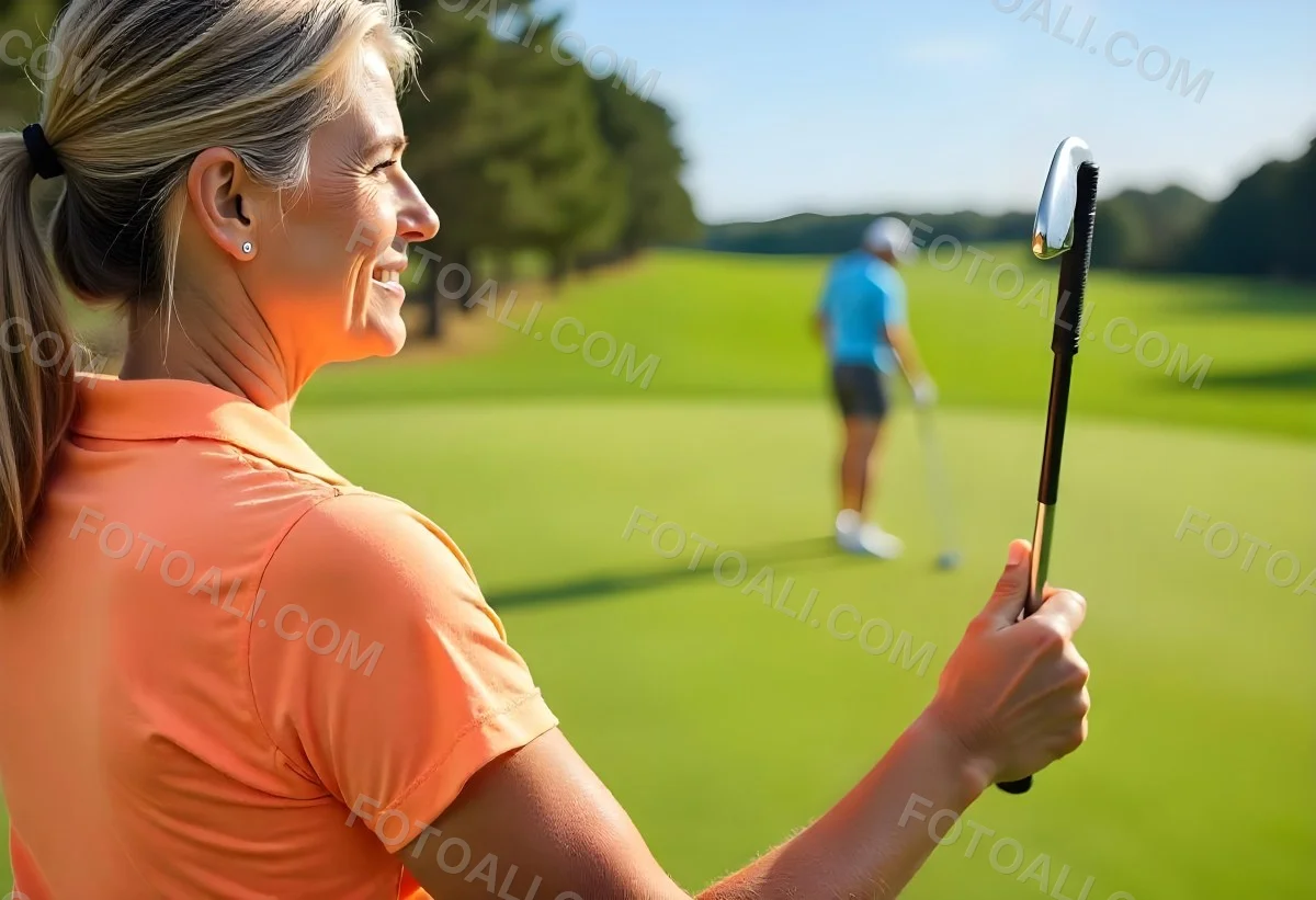A Middle Aged Caucasian Woman With Short Blonde Hair Wearing An Orange Polo Shirt And Holding A Golf Club On A Golf Course 2 1973