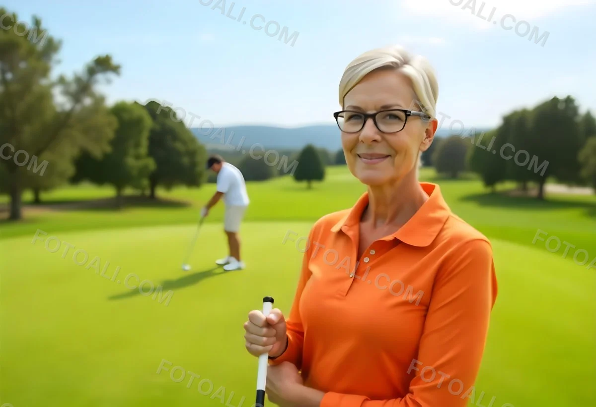 A Middle Aged Caucasian Woman With Short Blonde Hair Wearing An Orange Polo Shirt And Holding A Golf Club On A Golf Course 4 5d4a