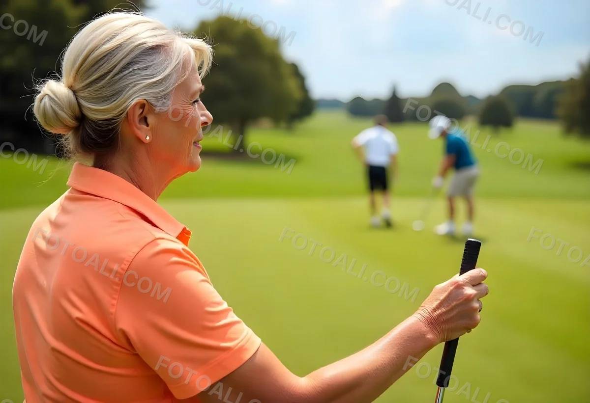 A Middle Aged Caucasian Woman With Short Blonde Hair Wearing An Orange Polo Shirt And Holding A Golf Club On A Golf Course 5 63bd