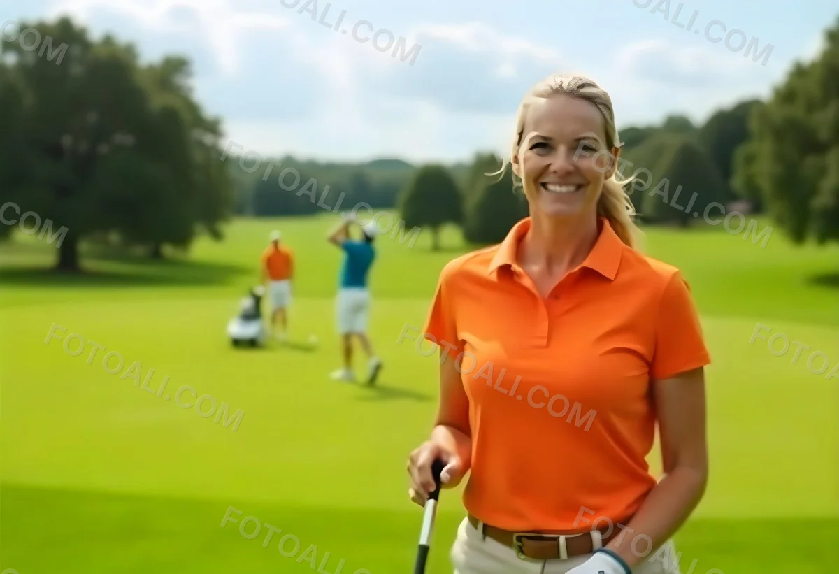 A Middle Aged Caucasian Woman With Short Blonde Hair Wearing An Orange Polo Shirt And Holding A Golf Club On A Golf Course 8 B224