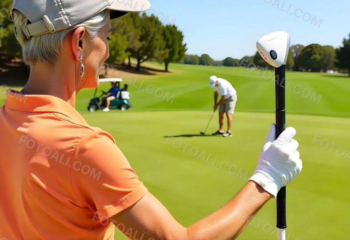 A Middle Aged Caucasian Woman With Short Blonde Hair Wearing An Orange Polo Shirt And Holding A Golf Club On A Golf Course 9 D3cc