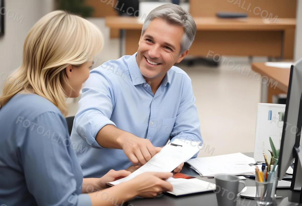 A Middle Aged Man With Short Gray Hair And A Friendly Smile Sitting At A Table And Discussing Documents With A Middle Aged Caucasian Woman In A Brightly Lit Office 2 223b