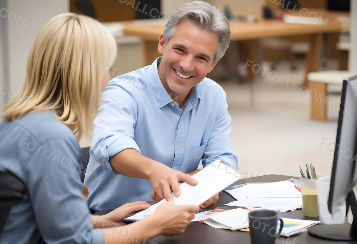 A Middle Aged Man With Short Gray Hair And A Friendly Smile Sitting At A Table And Discussing Documents With A Middle Aged Caucasian Woman In A Brightly Lit Office 3 B9a3