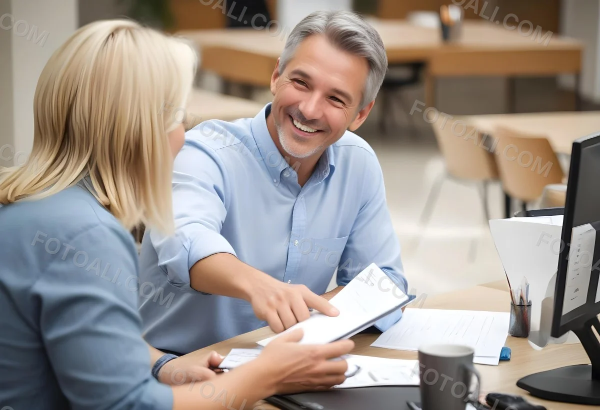 A Middle Aged Man With Short Gray Hair And A Friendly Smile Sitting At A Table And Discussing Documents With A Middle Aged Caucasian Woman In A Brightly Lit Office 4 C11b