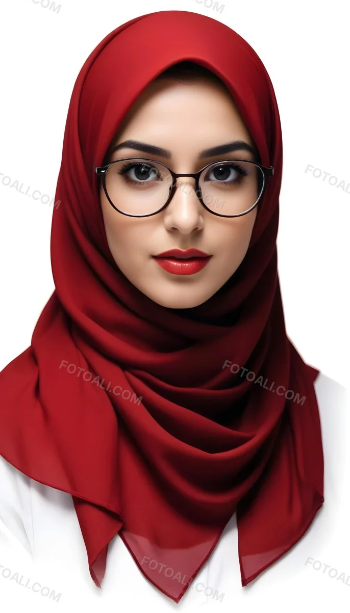A Middle Eastern Woman 24 Years Old With Red Hair Wearing A Red Hijab And Glasses Brown Lipstick In A White Background 53 401c