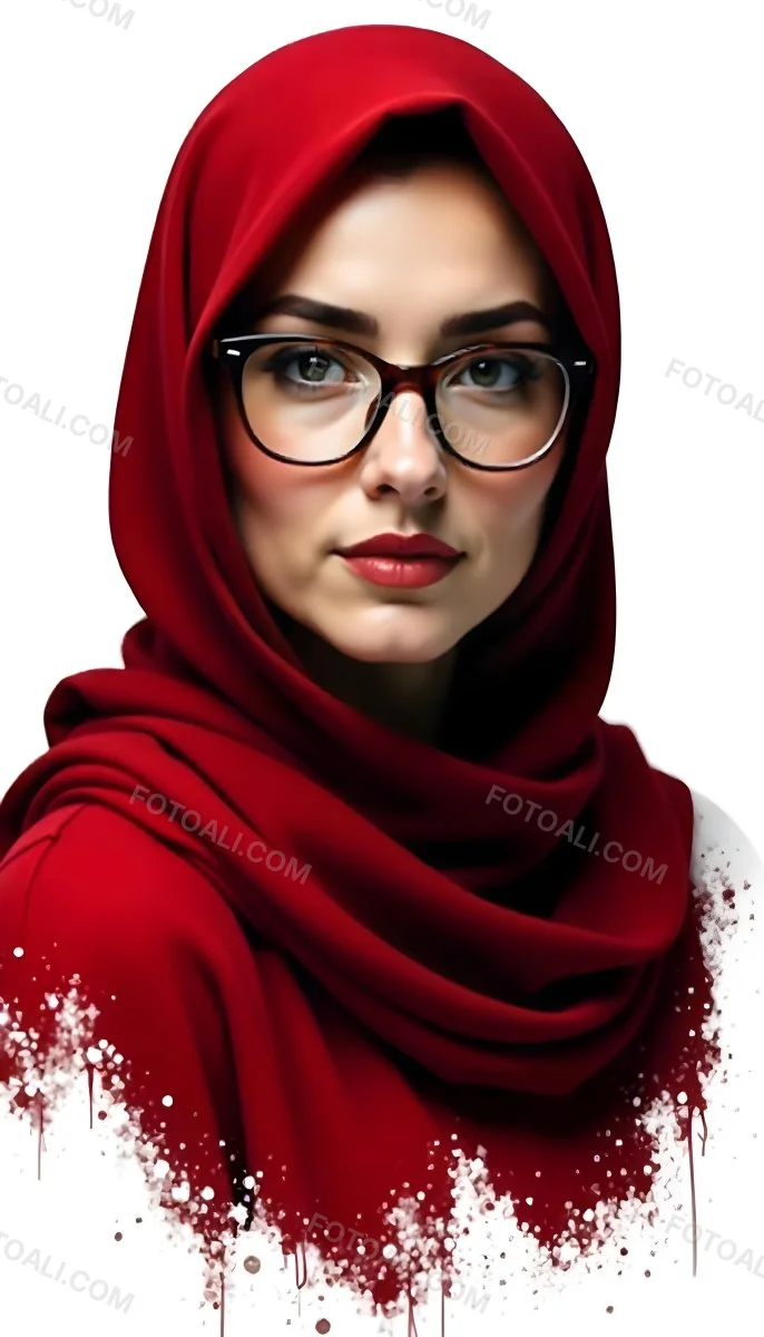 A Middle Eastern Woman 24 Years Old With Red Hair Wearing A Red Hijab And Glasses Brown Lipstick In A White Background 55 B9be