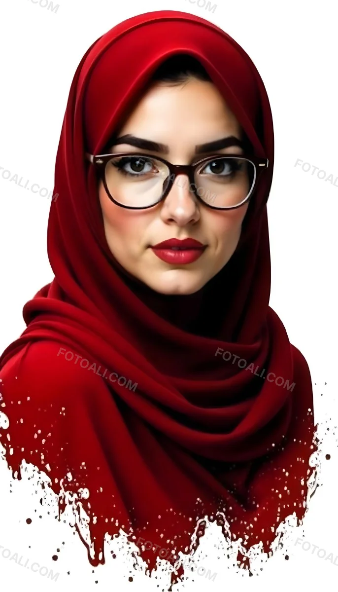 A Middle Eastern Woman 24 Years Old With Red Hair Wearing A Red Hijab And Glasses Brown Lipstick In A White Background 56 Dbc7