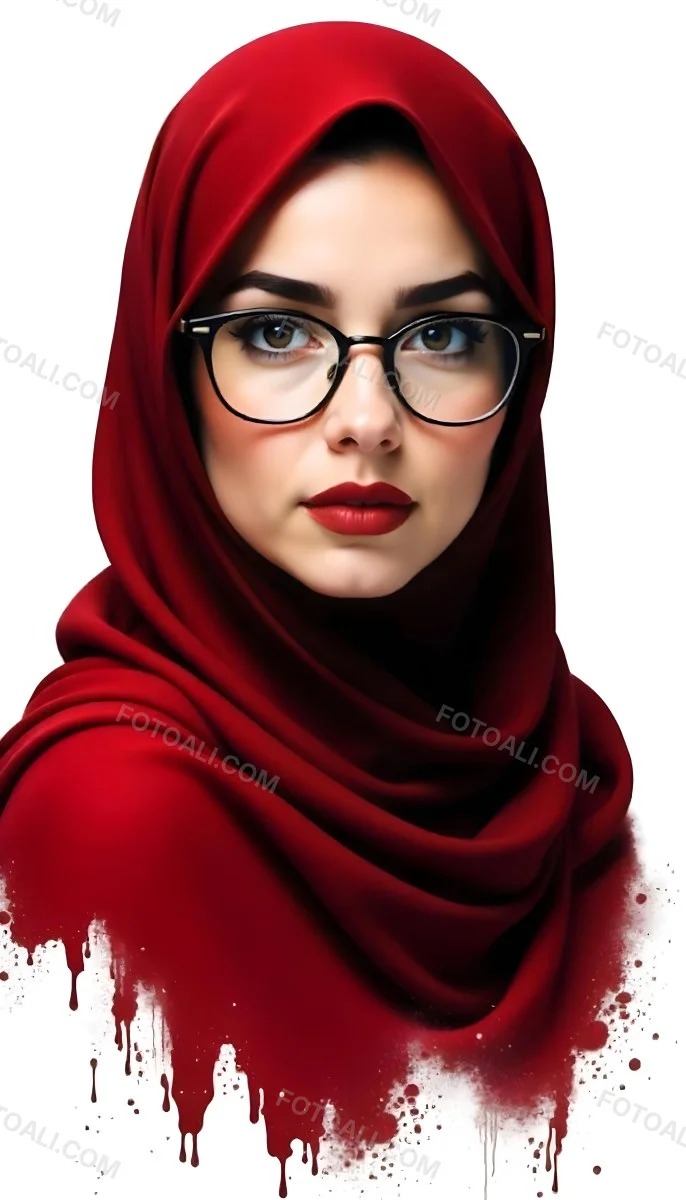 A Middle Eastern Woman 24 Years Old With Red Hair Wearing A Red Hijab And Glasses Brown Lipstick In A White Background 57 Dcbe