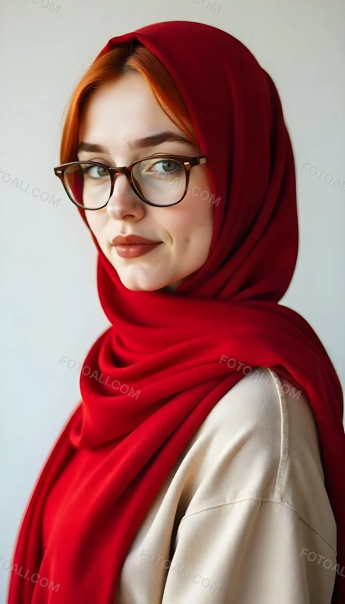 A Middle Eastern Woman 24 Years Old With Red Hair Wearing A Red Hijab And Glasses Brown Lipstick In A White Background 63 3419