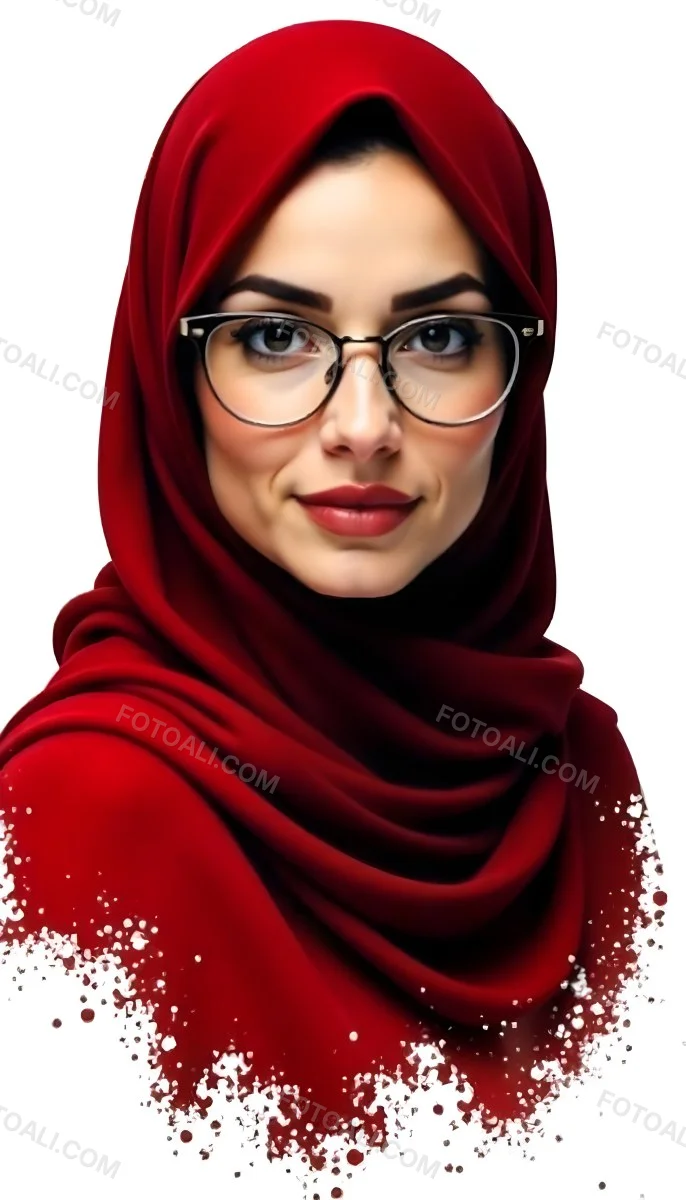 A Middle Eastern Woman 24 Years Old With Red Hair Wearing A Red Hijab And Glasses Brown Lipstick In A White Background 64 9123