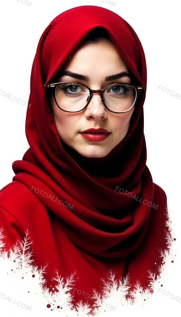 A Middle Eastern Woman 24 Years Old With Red Hair Wearing A Red Hijab And Glasses Brown Lipstick In A White Background 65 3dfa