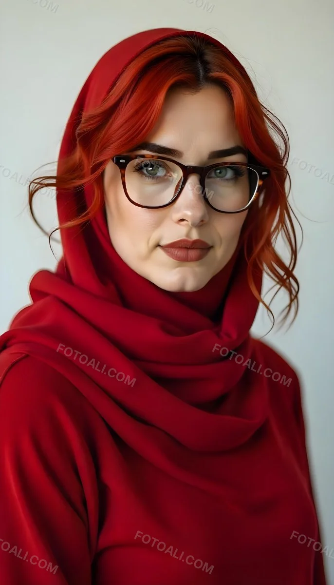 A Middle Eastern Woman 24 Years Old With Red Hair Wearing A Red Hijab And Glasses Brown Lipstick In A White Background 68 670f