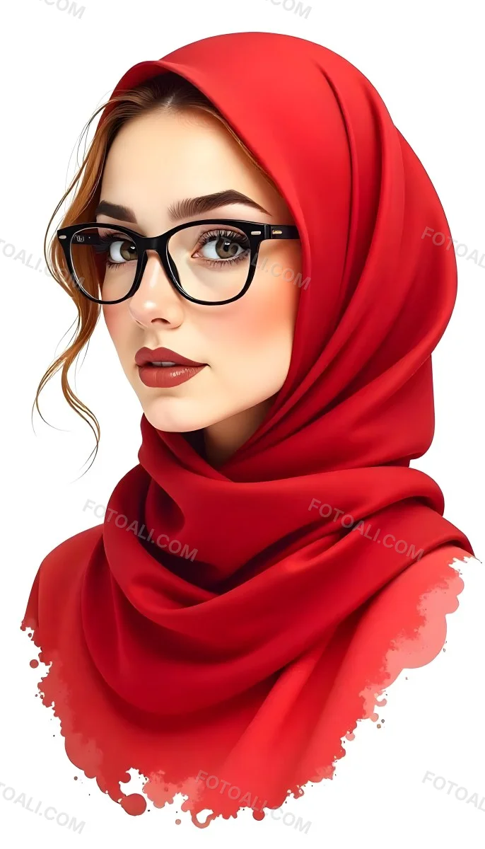 A Middle Eastern Woman 24 Years Old With Red Hair Wearing A Red Hijab And Glasses Brown Lipstick In A White Background 72 921d