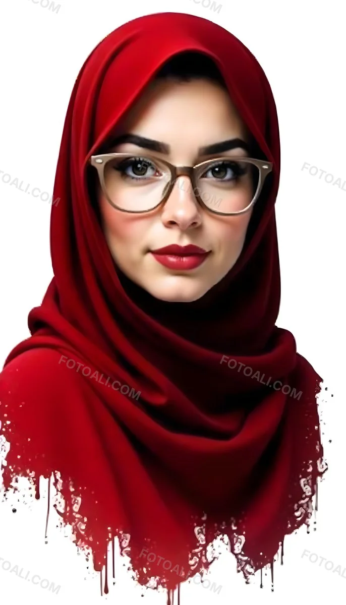 A Middle Eastern Woman 24 Years Old With Red Hair Wearing A Red Hijab And Glasses Brown Lipstick In A White Background 77 5be5