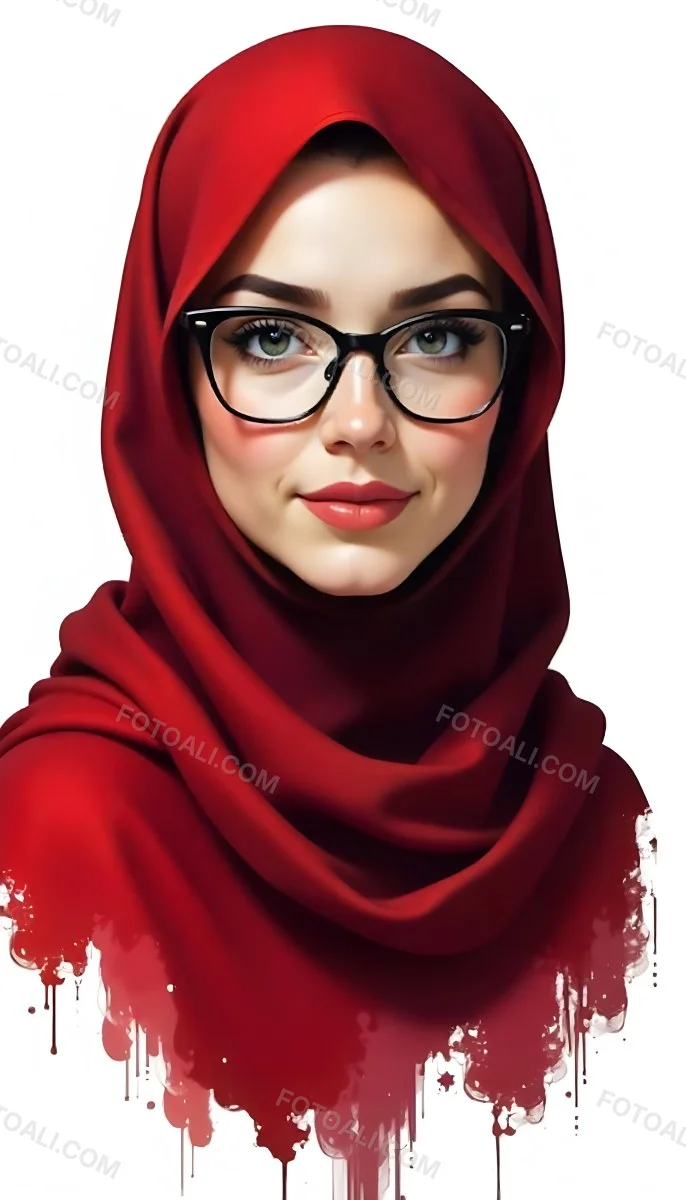 A Middle Eastern Woman 24 Years Old With Red Hair Wearing A Red Hijab And Glasses Brown Lipstick In A White Background 83 016f